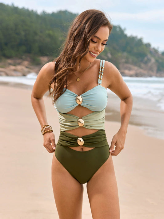 Color Block Sweetheart Neck One-Piece Swimwear - felvior