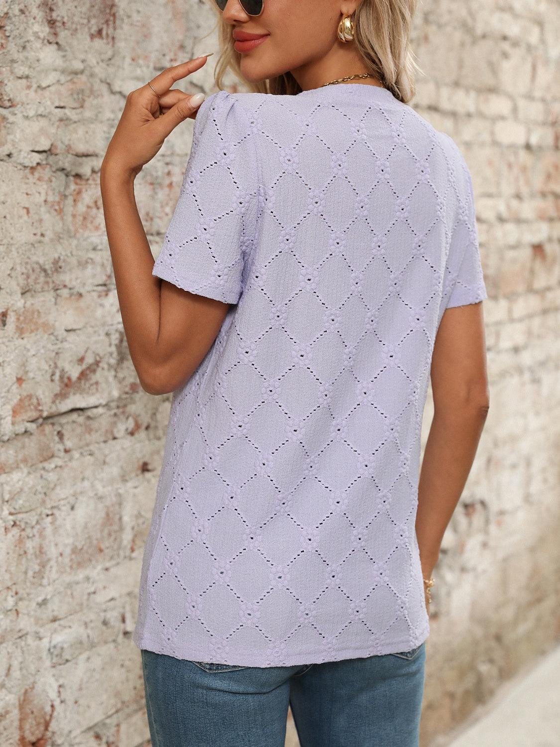 Eyelet Notched Short Sleeve Top
