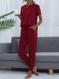 Shiny Round Neck Top and Pants Lounge Set - felvior