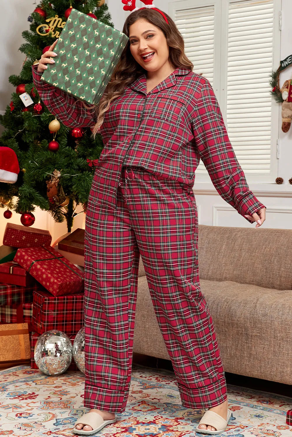Plus Size Plaid Collared Neck Top and Pants Lounge Set Main image
