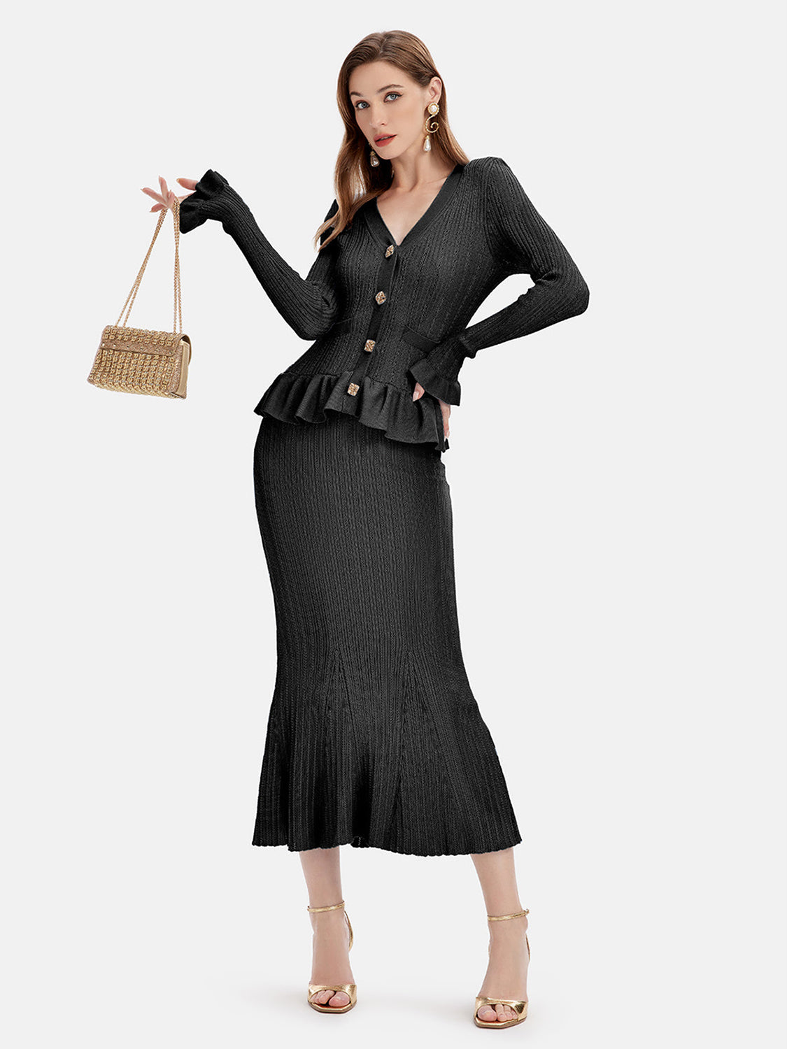 Ruffled V-Neck Top and Midi Skirt Sweater Set - felvior