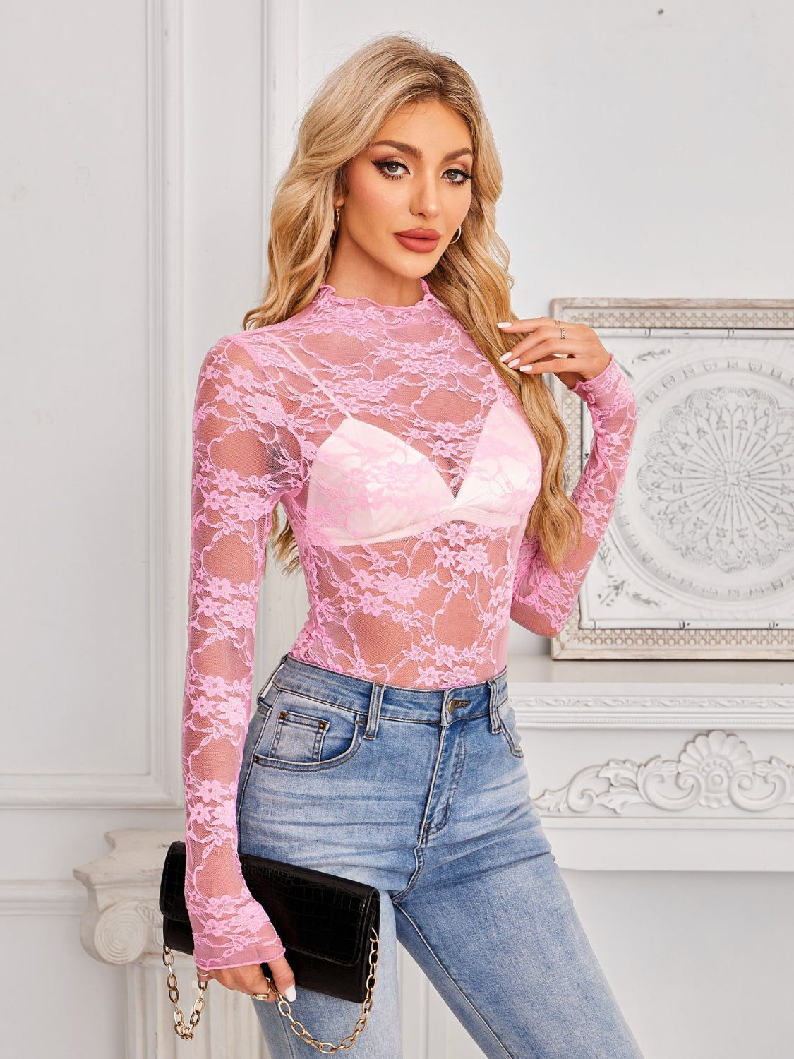 Mock Neck Long Sleeve Lace Sheer Top