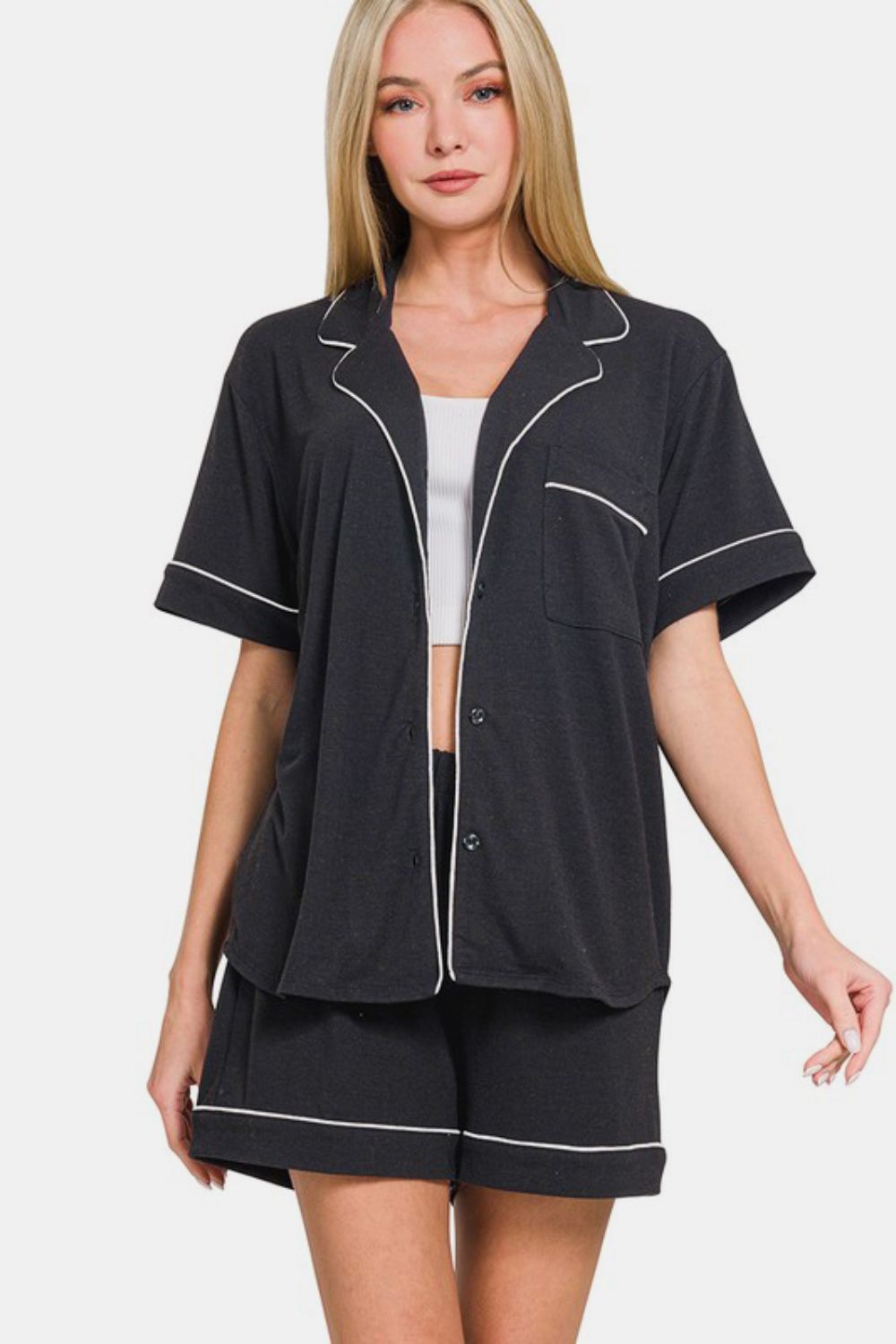 Zenana Button Down Short Sleeve Top and Shorts Lounge Set - felvior