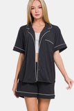 Zenana Button Down Short Sleeve Top and Shorts Lounge Set - felvior