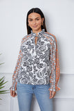 Tassel Tie Neck Printed Smocked Long Sleeve Blouse - felvior