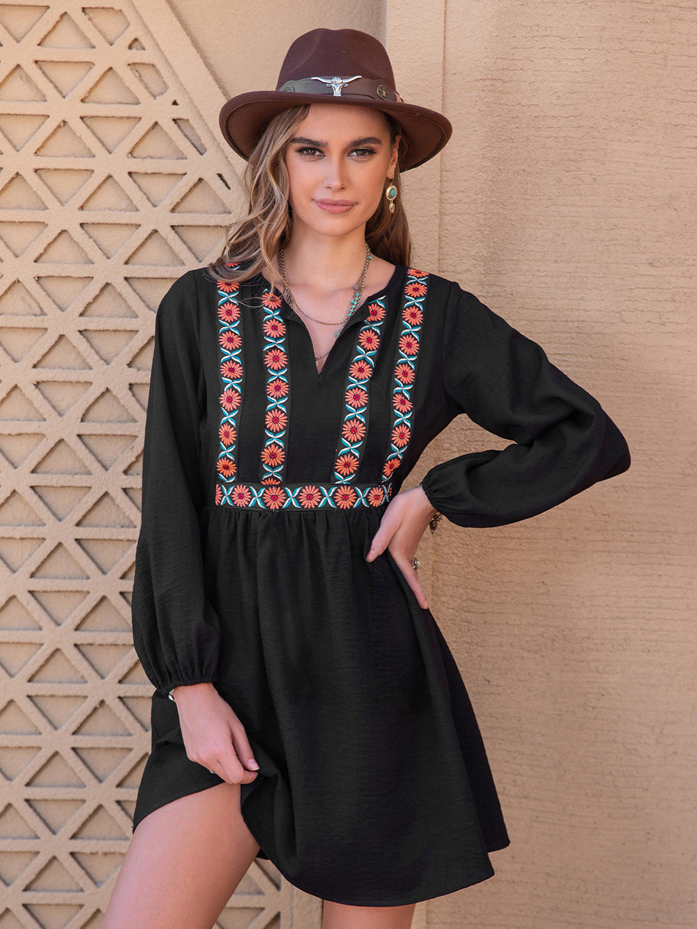 Notched Neck Long Sleeve Printed Mini Dress - felvior