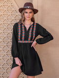 Notched Neck Long Sleeve Printed Mini Dress - felvior