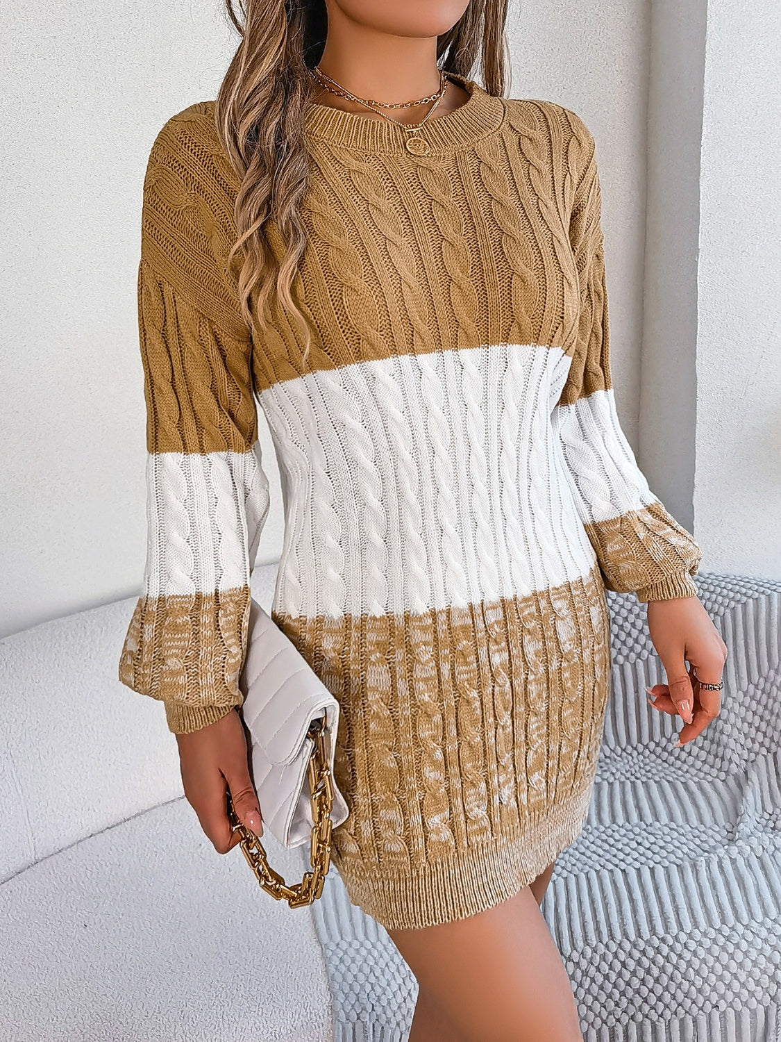 Cable-Knit Round Neck Color Block Sweater Dress - felvior