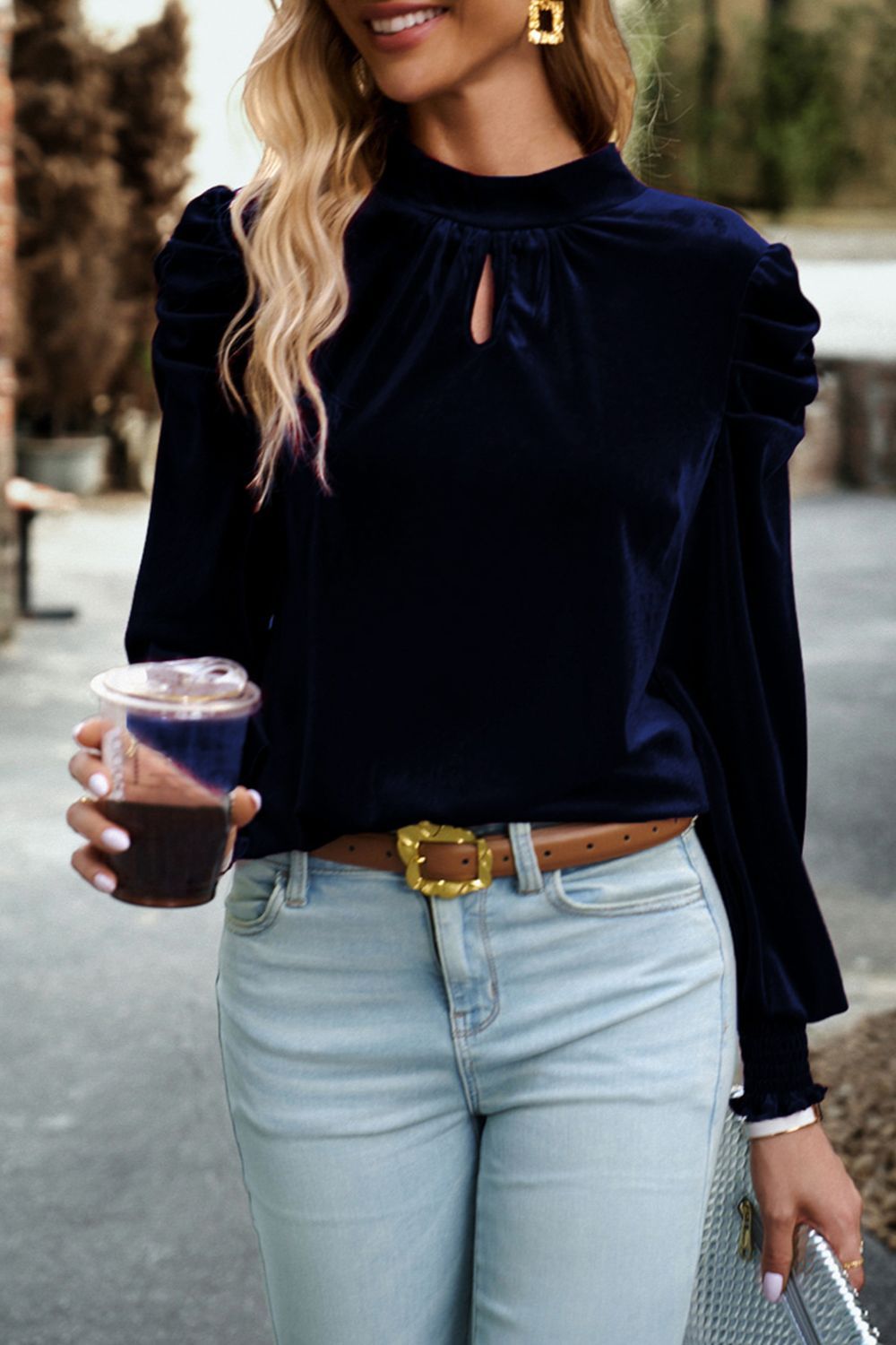Tie Up Mock Neck Velvet Fabric Long Sleeve Blouse - felvior