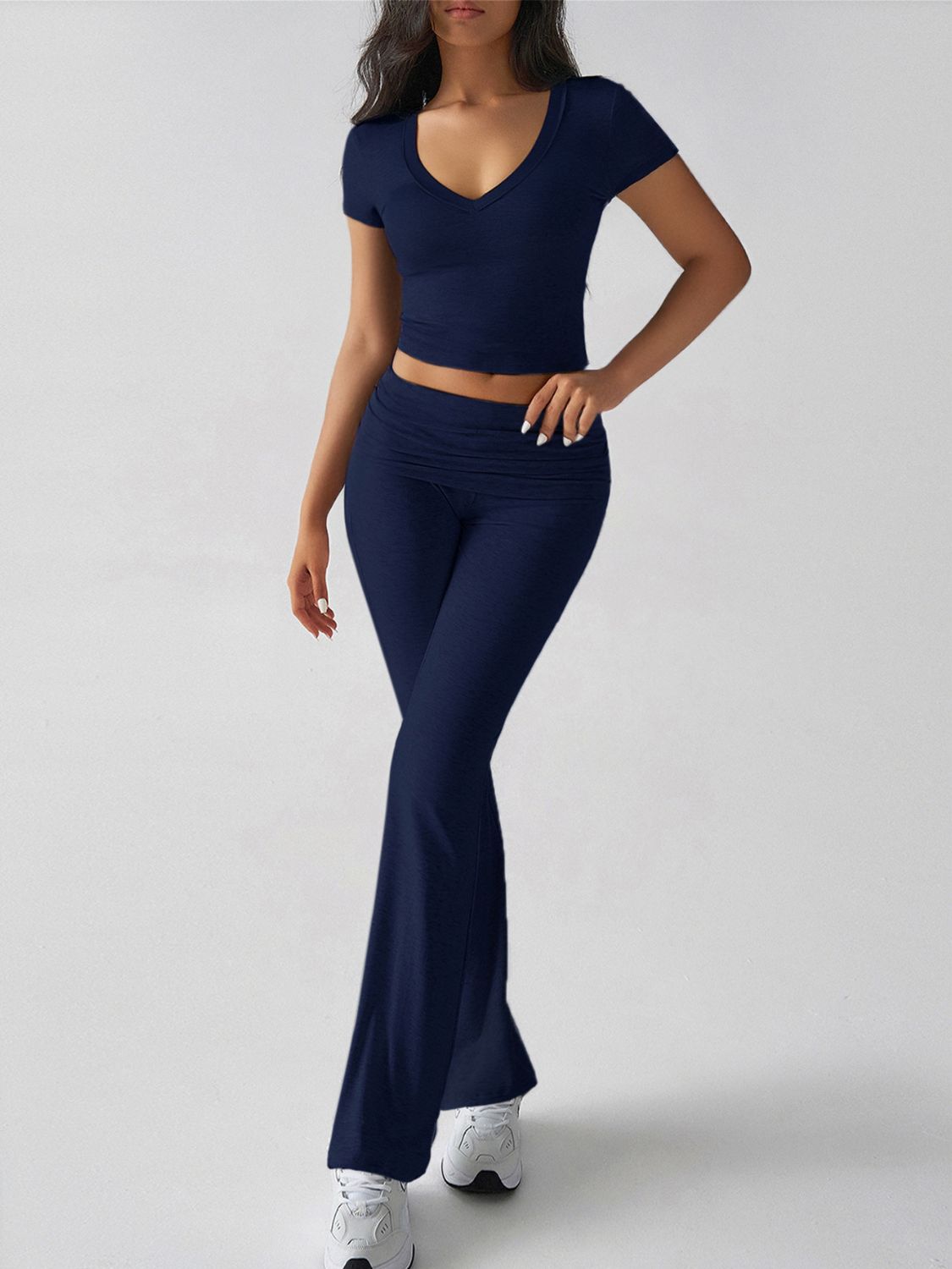 Devine V-Neck Top and Bootcut Leggings Set - felvior