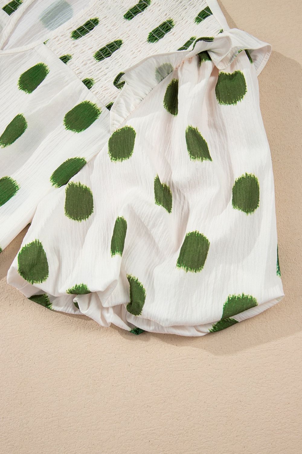 Polka Dot Shirred Yoke Notched Neck Puff Sleeve Blouse - felvior