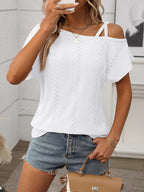 Eyelet Asymmetrical Shoulder Short Sleeve T-Shirt