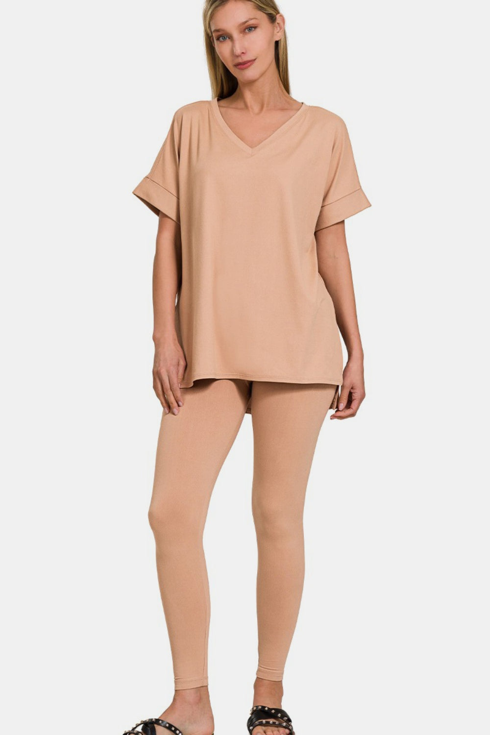 Zenana Full Size V-Neck Rolled Short Sleeve T-Shirt and Leggings Lounge Set - felvior