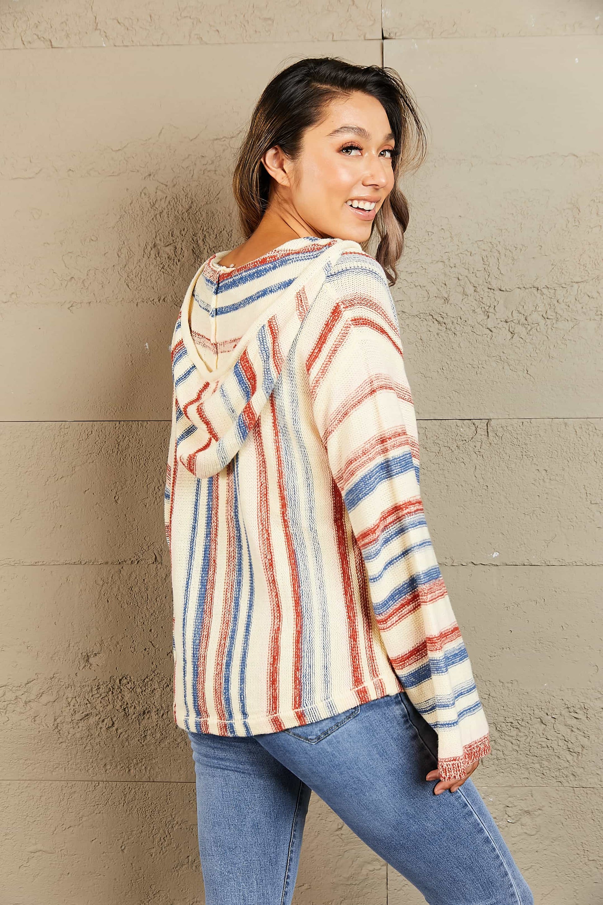 Striped Hooded Sweater with Kangaroo Pocket - felvior