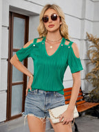 Textured V-Neck Cold Shoulder Top