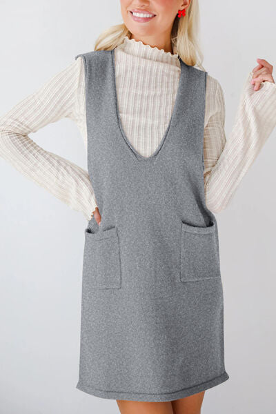 Lovelet Pocketed V-Neck Mini Sweater Overall Dress