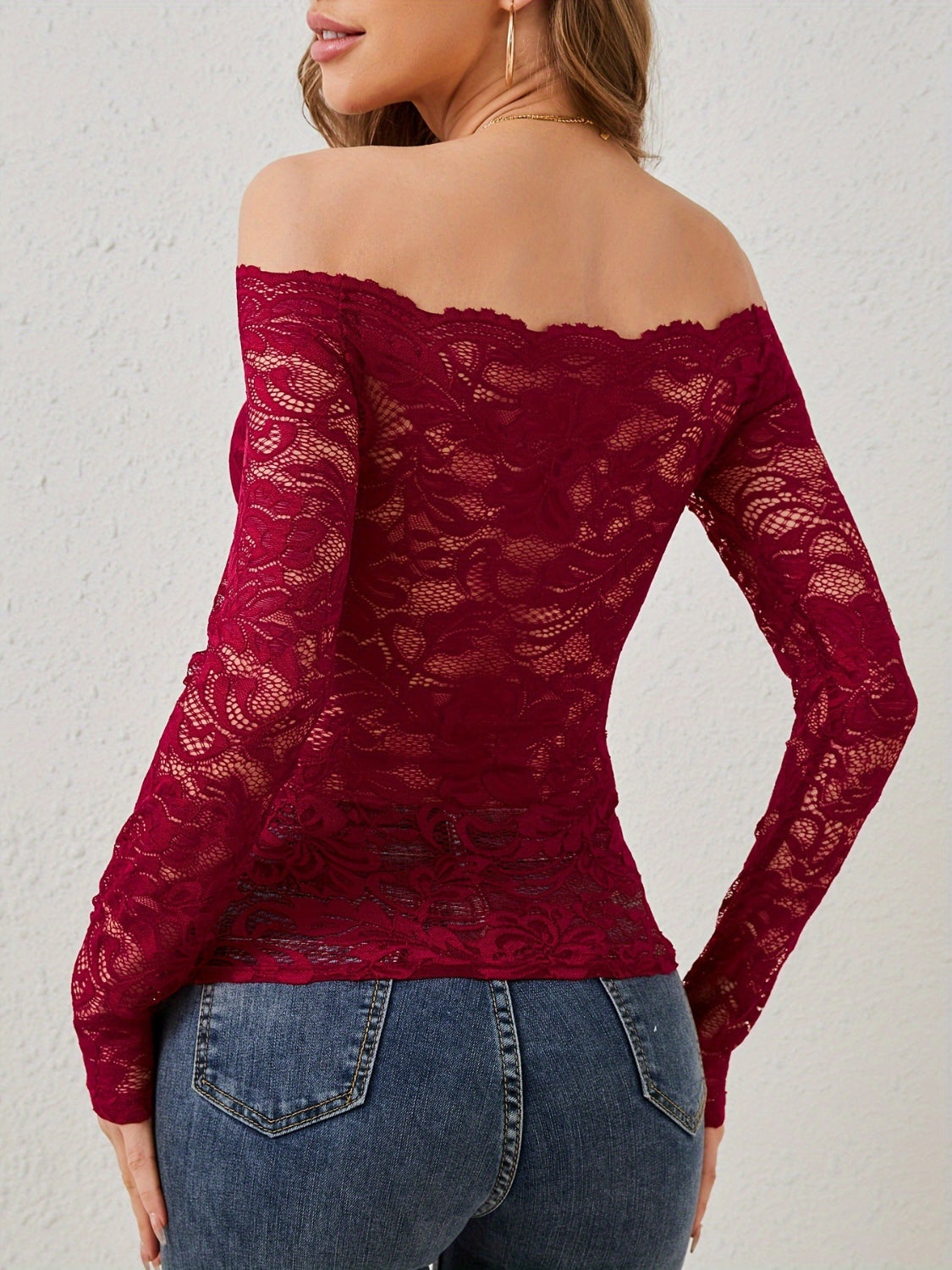 Off-Shoulder Long Sleeve Lace Top - felvior