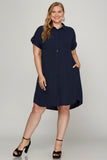 She + Sky Full Size Button Down Short Sleeve Woven Shirt Dress Plus Size - felvior