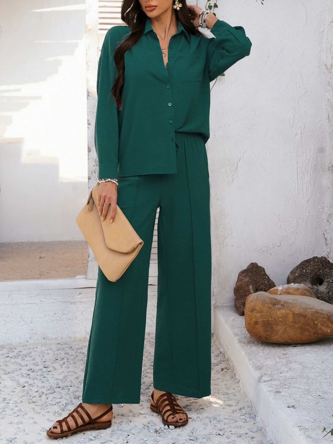 Devine Collared Neck Long Sleeve Top and Pants Set