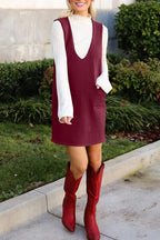 Lovelet Pocketed V-Neck Mini Sweater Overall Dress