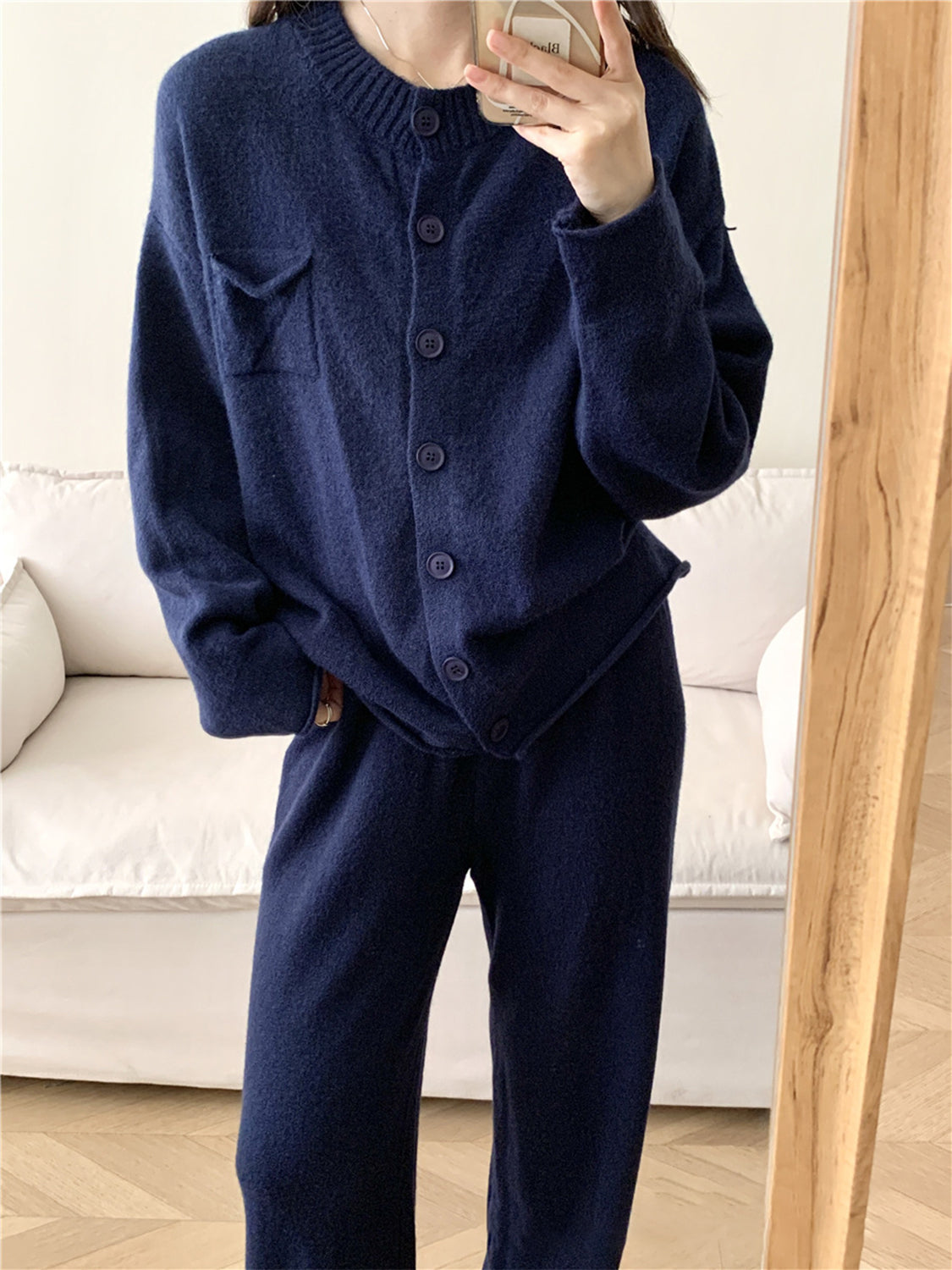 Pocketed Round Neck Button Up Cardigan and Pants Sweater Set - felvior