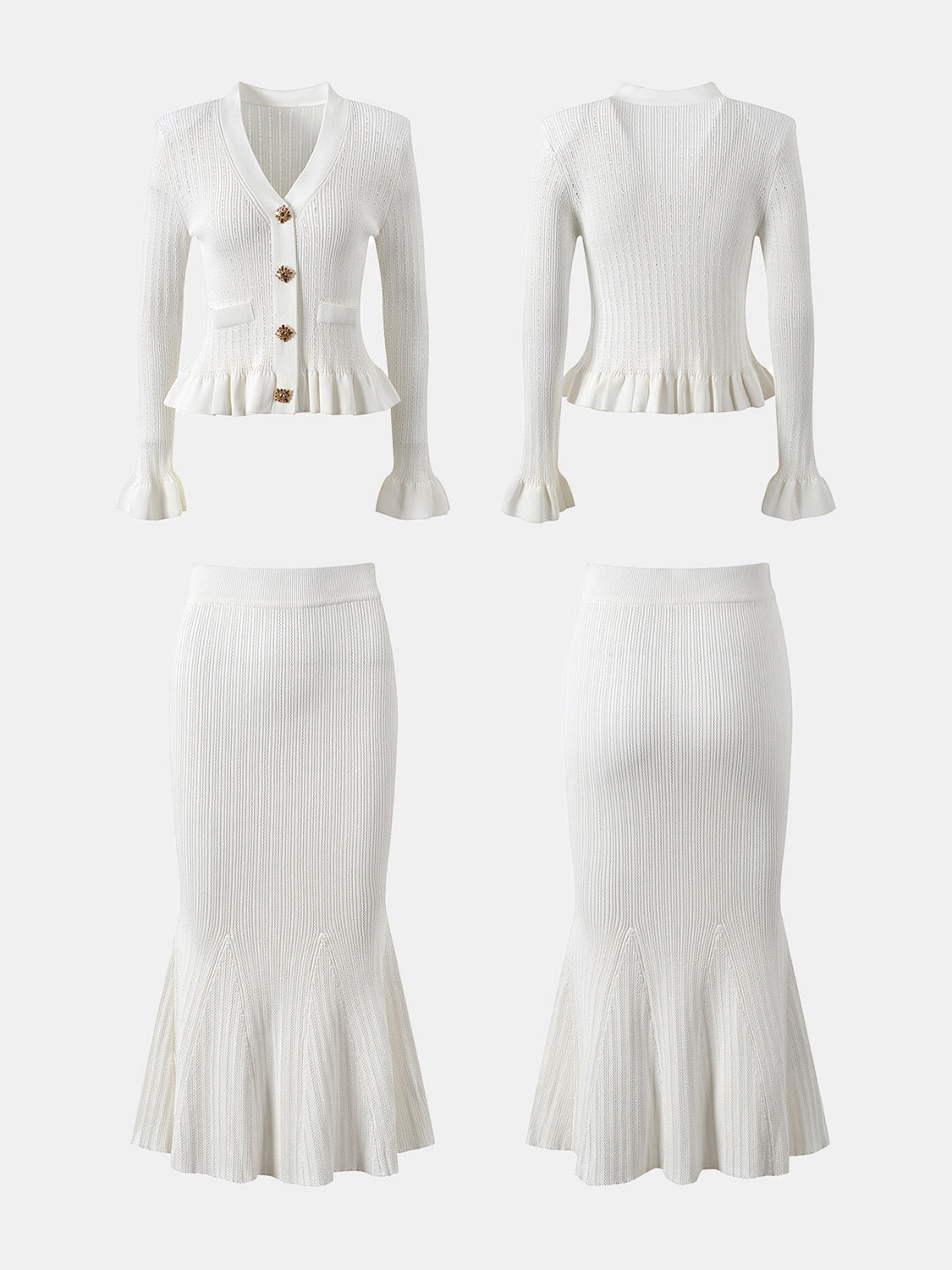 Ruffled V-Neck Top and Midi Skirt Sweater Set - felvior