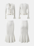 Ruffled V-Neck Top and Midi Skirt Sweater Set - felvior