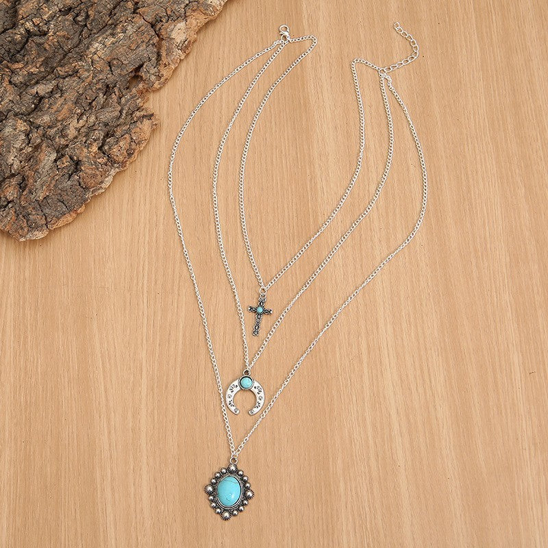 Artificial Turquoise Alloy Three-Layered Necklace - felvior