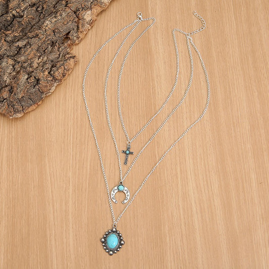 Artificial Turquoise Alloy Three-Layered Necklace - felvior