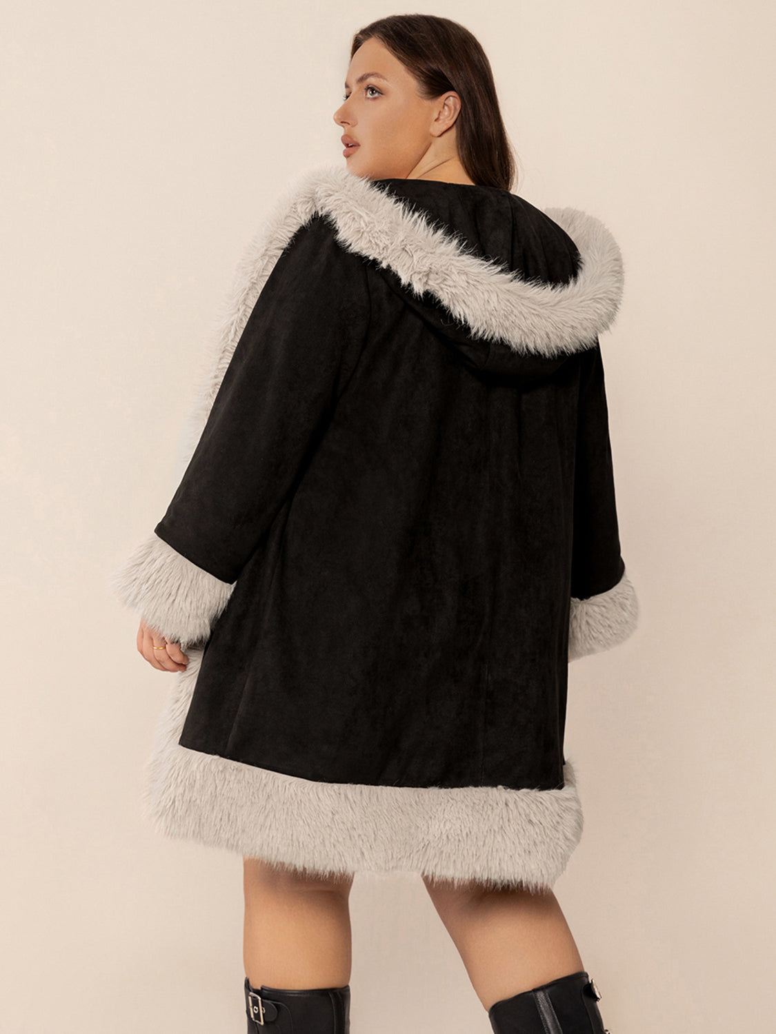 Plus Size Fuzzy Trim Open Front Long Sleeve Hooded Coat Secondary image
