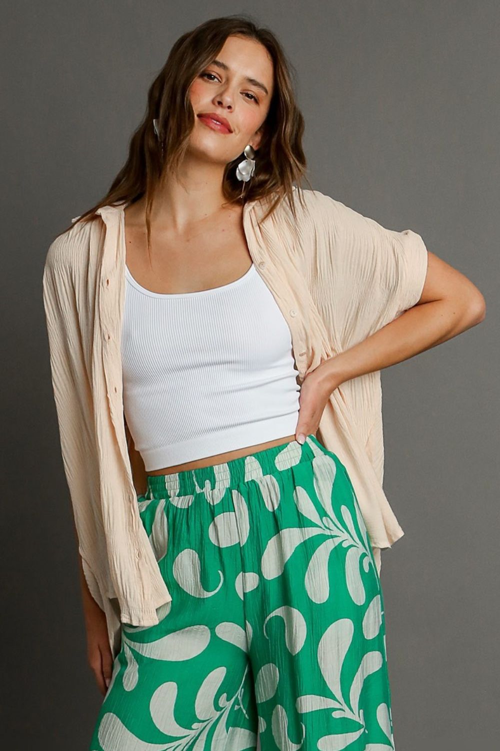 Umgee Full Size Textured Button Down Short Sleeve Shirt Plus Size