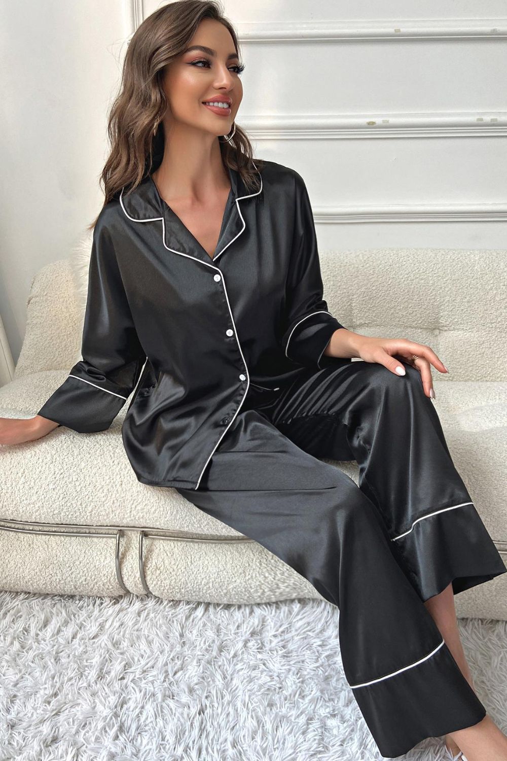 Contrast Piping Button-Up Top and Pants Pajama Set - felvior