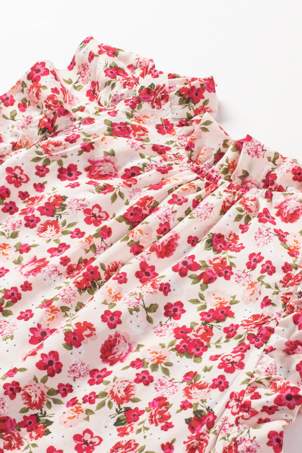 Ruffled Floral Round Neck Cap Sleeve Blouse - felvior