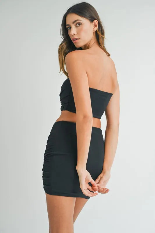 MABLE Ruched Tube Crop Top and Skirt Set