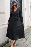 Pleated Long Sleeve Surplice Maxi Dress - felvior