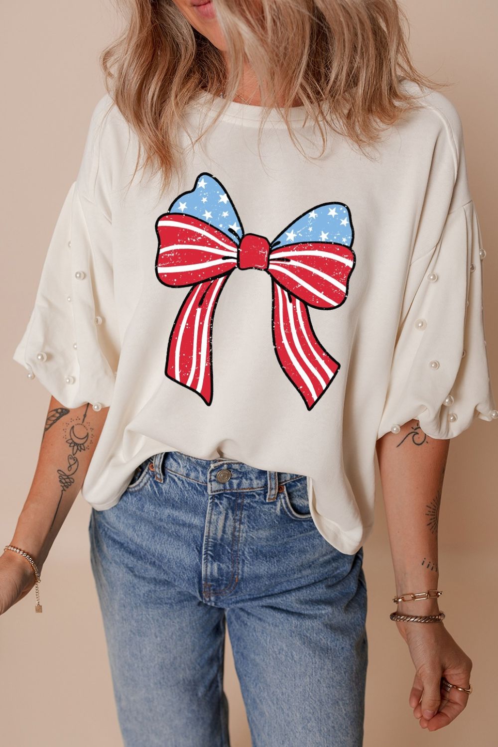 Bowknot Graphic Pearl Puff Half Sleeve T Shirt Hauptbild