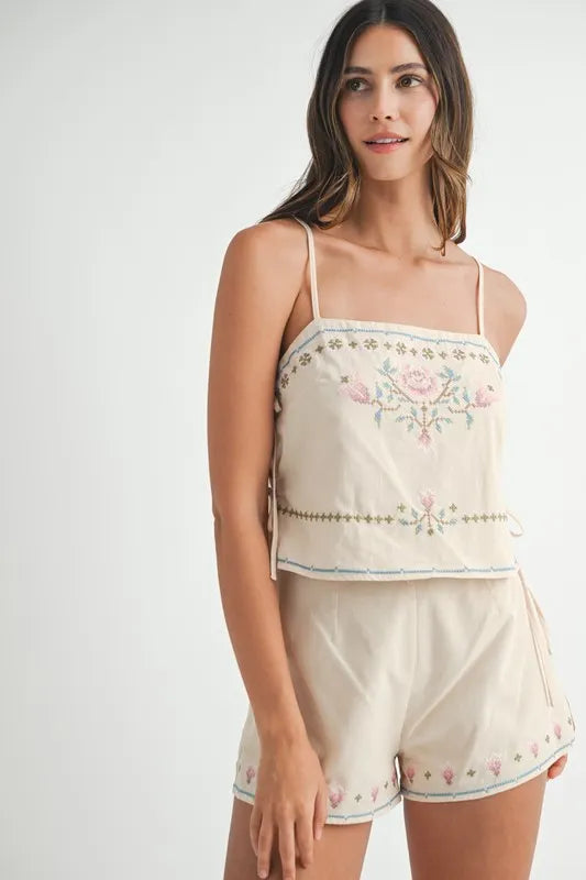MABLE Embroidered Crop Top and Shorts Set - felvior