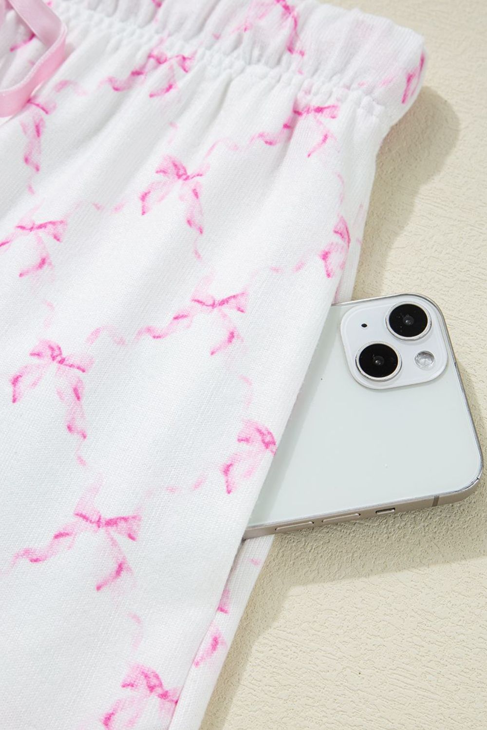 Bow Print Lettuce Trim Round Neck Top and Shorts Lounge Set