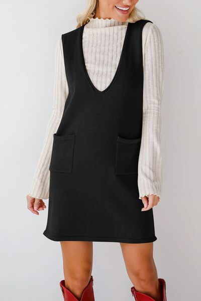 Lovelet Pocketed V-Neck Mini Sweater Overall Dress