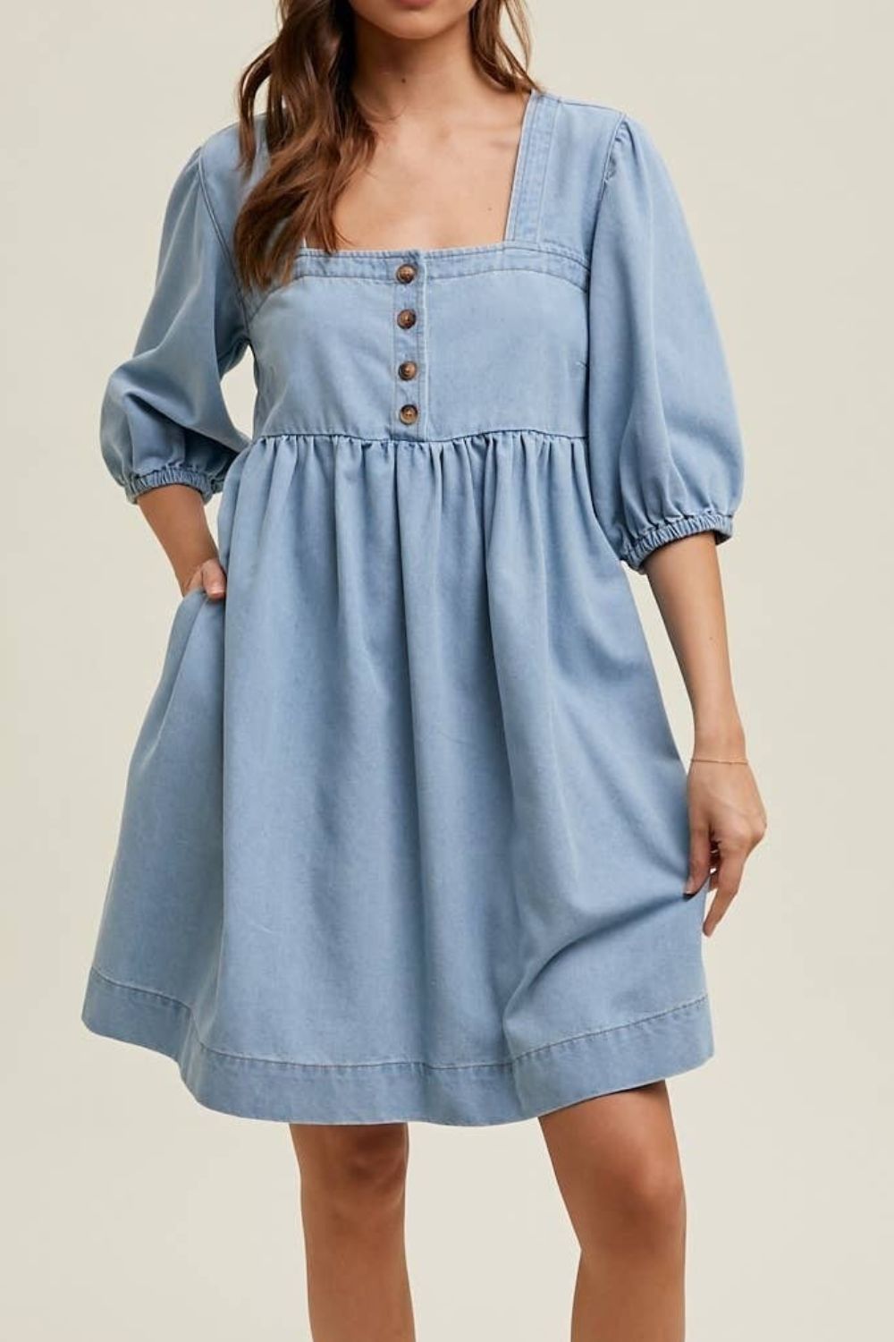 Square Neck Half Sleeve Denim Dress - felvior