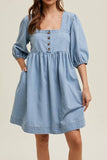 Square Neck Half Sleeve Denim Dress - felvior