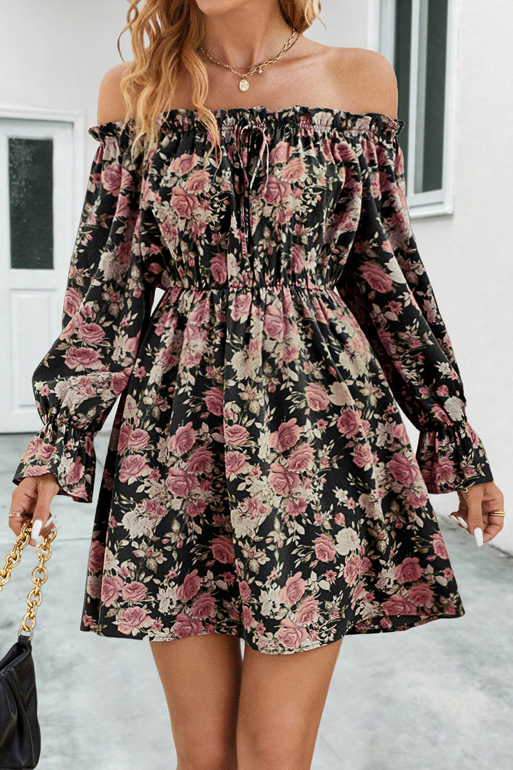 Floral Off-Shoulder Flounce Sleeve Dress - felvior
