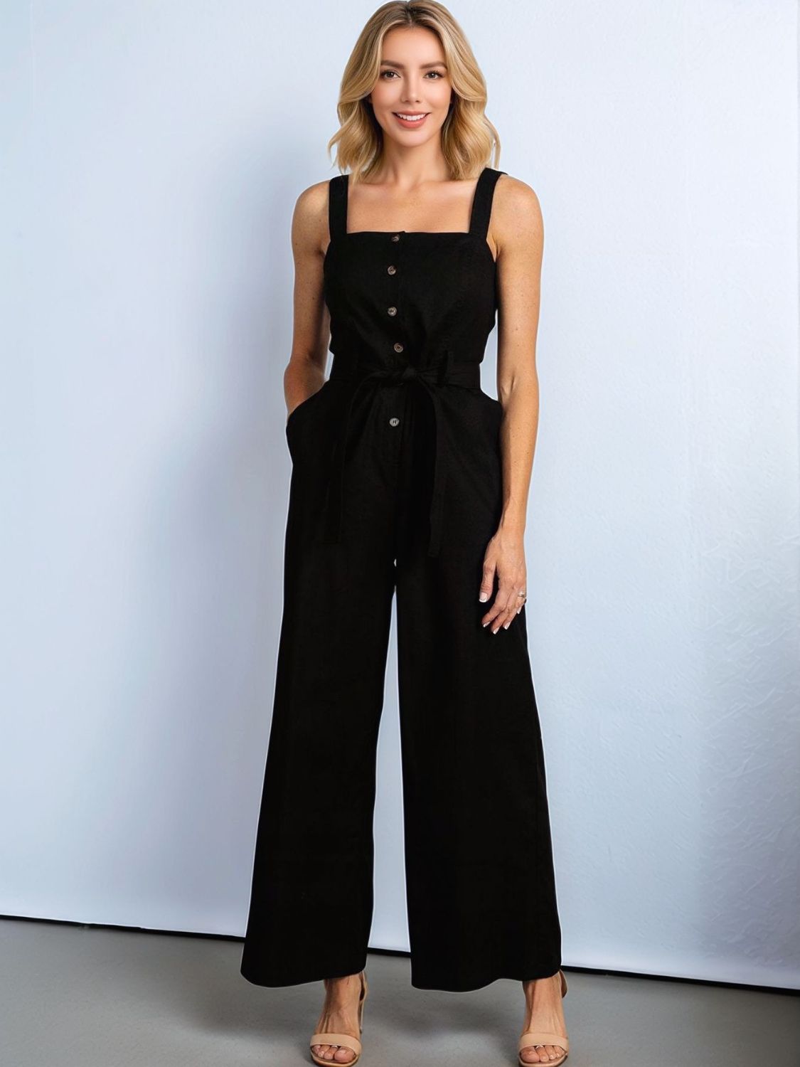 Button Detail Wide Strap Jumpsuit