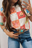 Checker Print Round Neck Short Sleeve T-Shirt - felvior