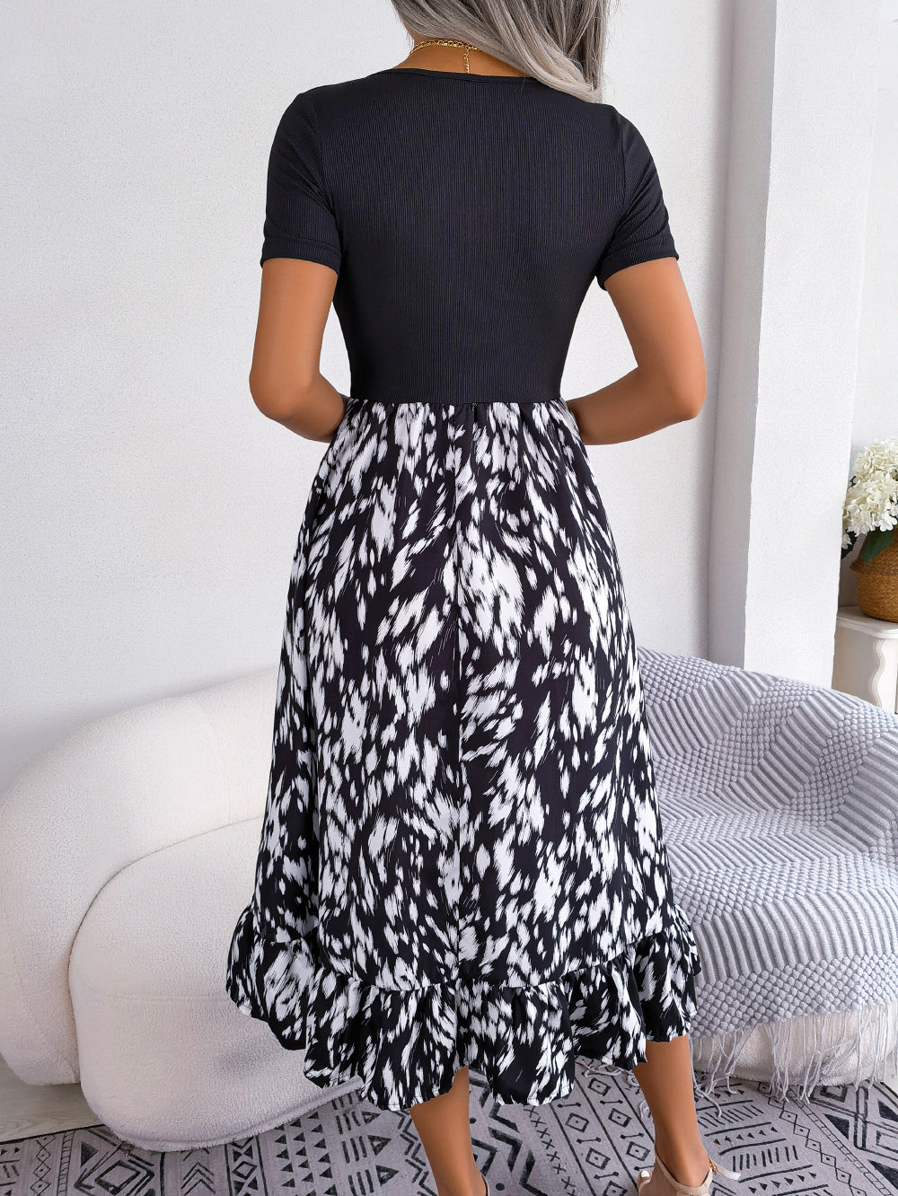 Printed Round Neck Ruffle Hem Dress - felvior