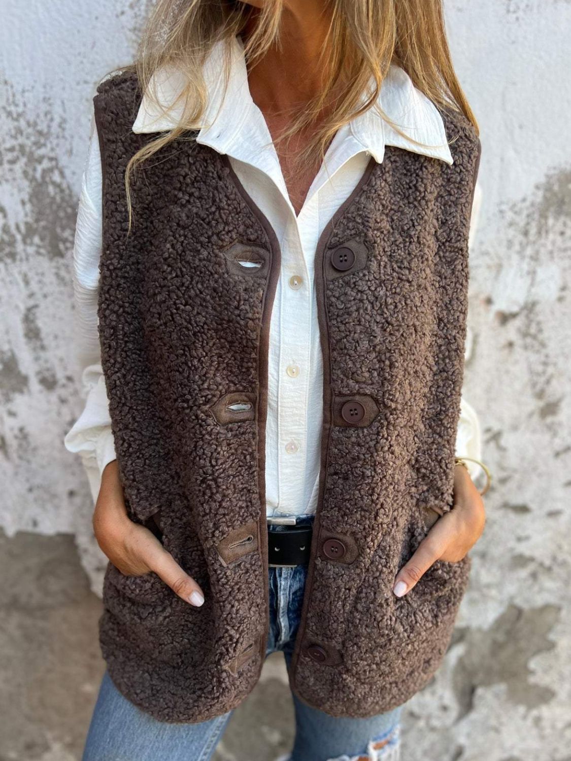 Full Size Pocketed Button Up V-Neck Sherpa Vest - felvior