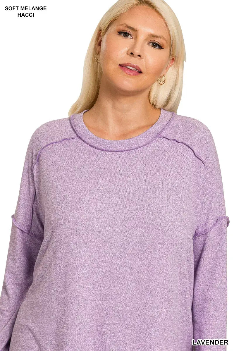 Zenana Full Size Melange Hacci Exposed Seam Hi-low Tee Plus Size