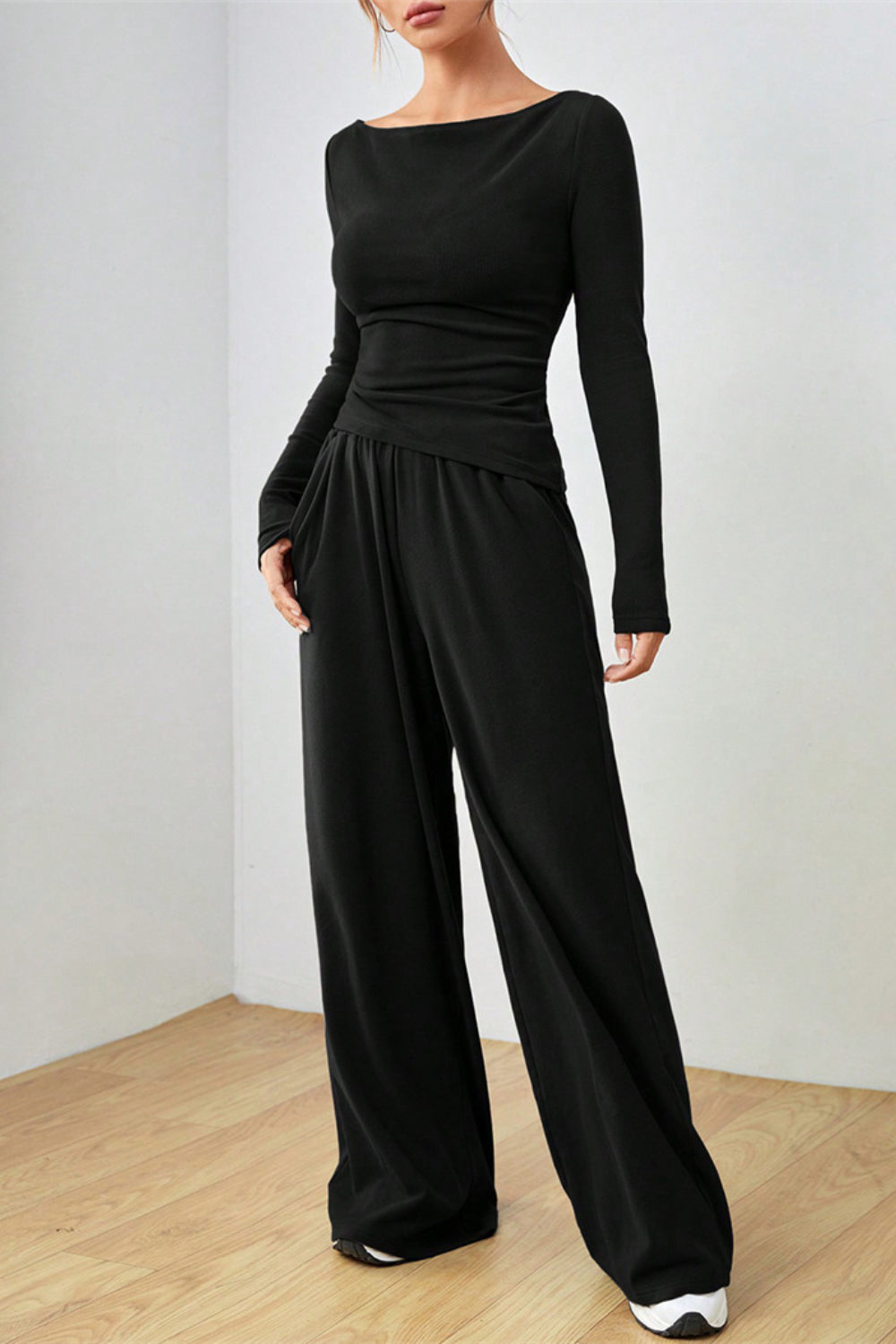 Boat Neck Long Sleeve Top and Pants Set - felvior