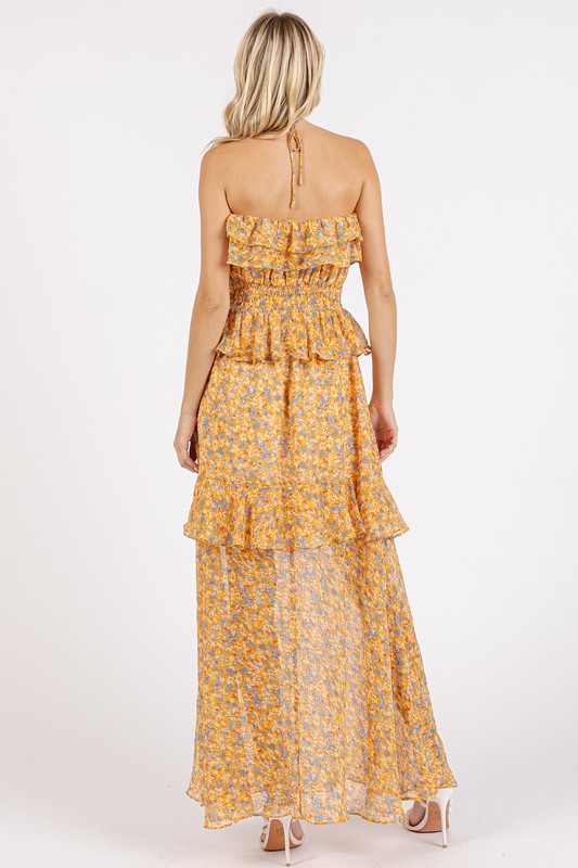 Mittoshop Ruffled Smocked Floral Halter Neck Maxi Dress - felvior