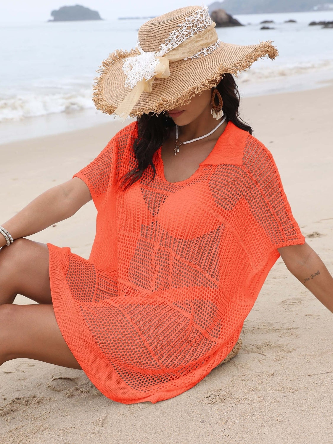 Hollow Out Collared Neck Cover-Up - felvior